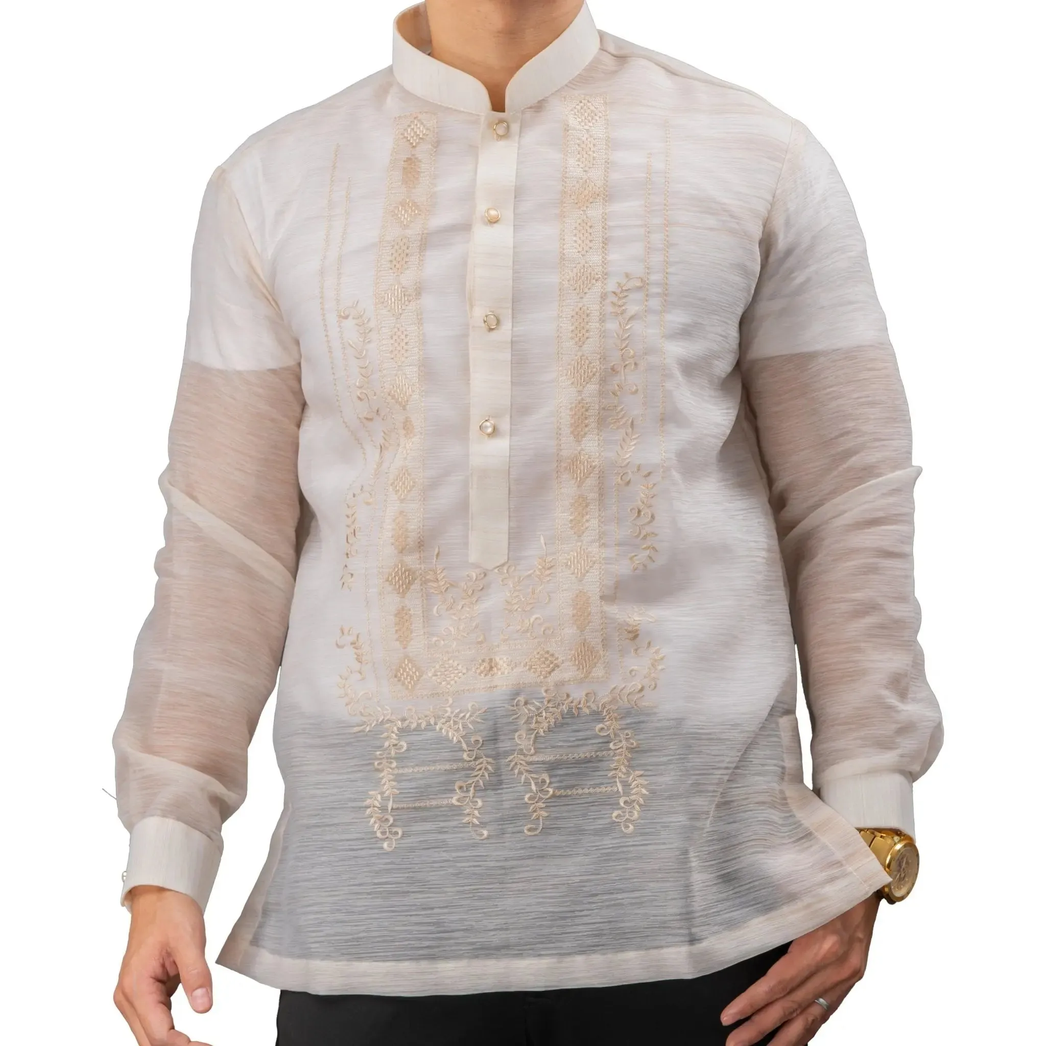 QUEZON Classic Men's Barong in Brown with Chinese Collar - Jusilyn Fabric
