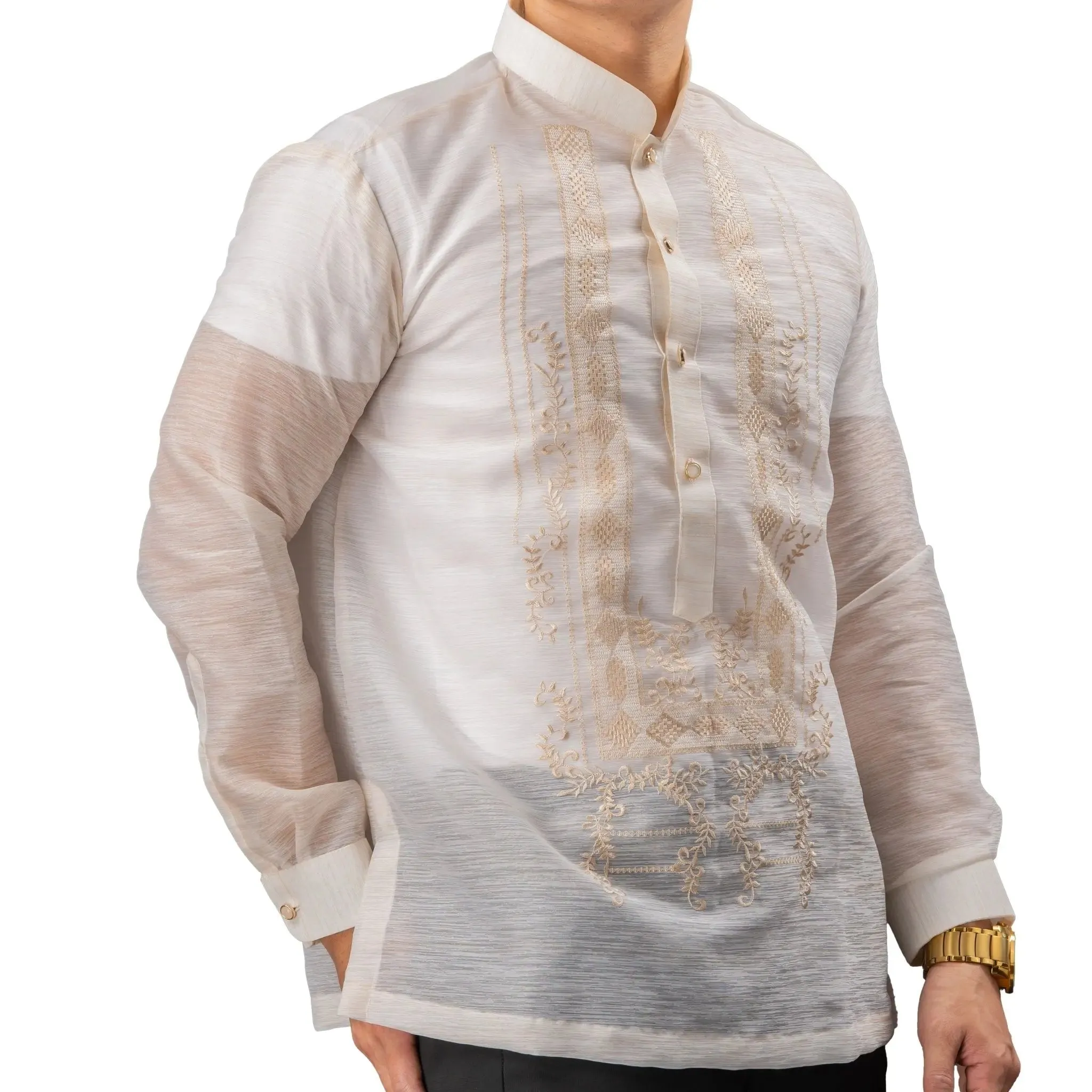 QUEZON Classic Men's Barong in Brown with Chinese Collar - Jusilyn Fabric