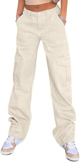 QYANGG High Waist Stretch Cargo Pants Women Baggy Multiple Pockets Relaxed Fit Straight Wide Leg Y2K Pants