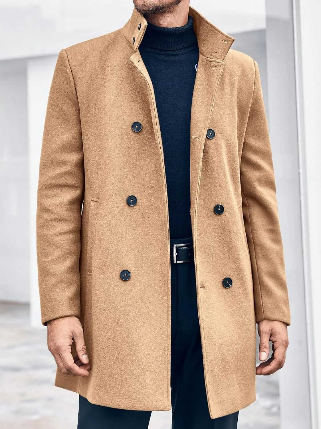 Runcati Mens Mid Long Trench Coat Winter Double Breasted Pea Coat Casual Business Warm Overcoat