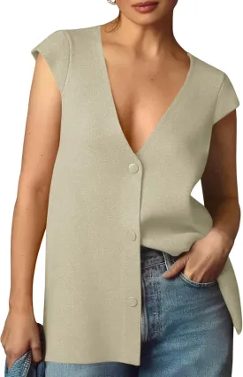 Saodimallsu Womens Deep V Neck Sweater Vest Sleeveless Knit Button Up Loose Fit Cap Sleeve Trendy Summer Tops