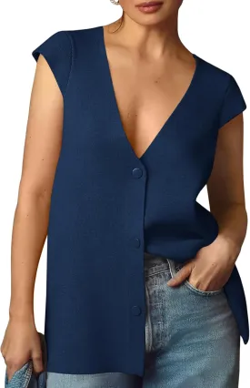 Saodimallsu Womens Deep V Neck Sweater Vest Sleeveless Knit Button Up Loose Fit Cap Sleeve Trendy Summer Tops