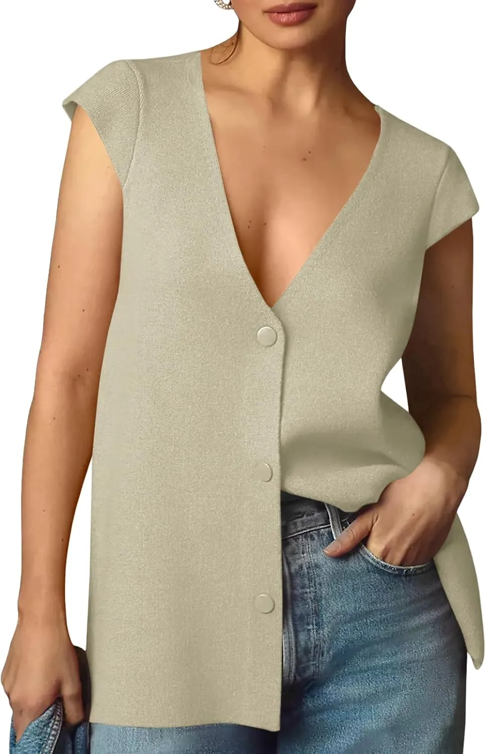 Saodimallsu Womens Deep V Neck Sweater Vest Sleeveless Knit Button Up Loose Fit Cap Sleeve Trendy Summer Tops