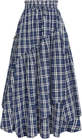 Scarlet Darkness Women Plaid Skirt High Waist A Line Tiered Long Skirt with Pockets