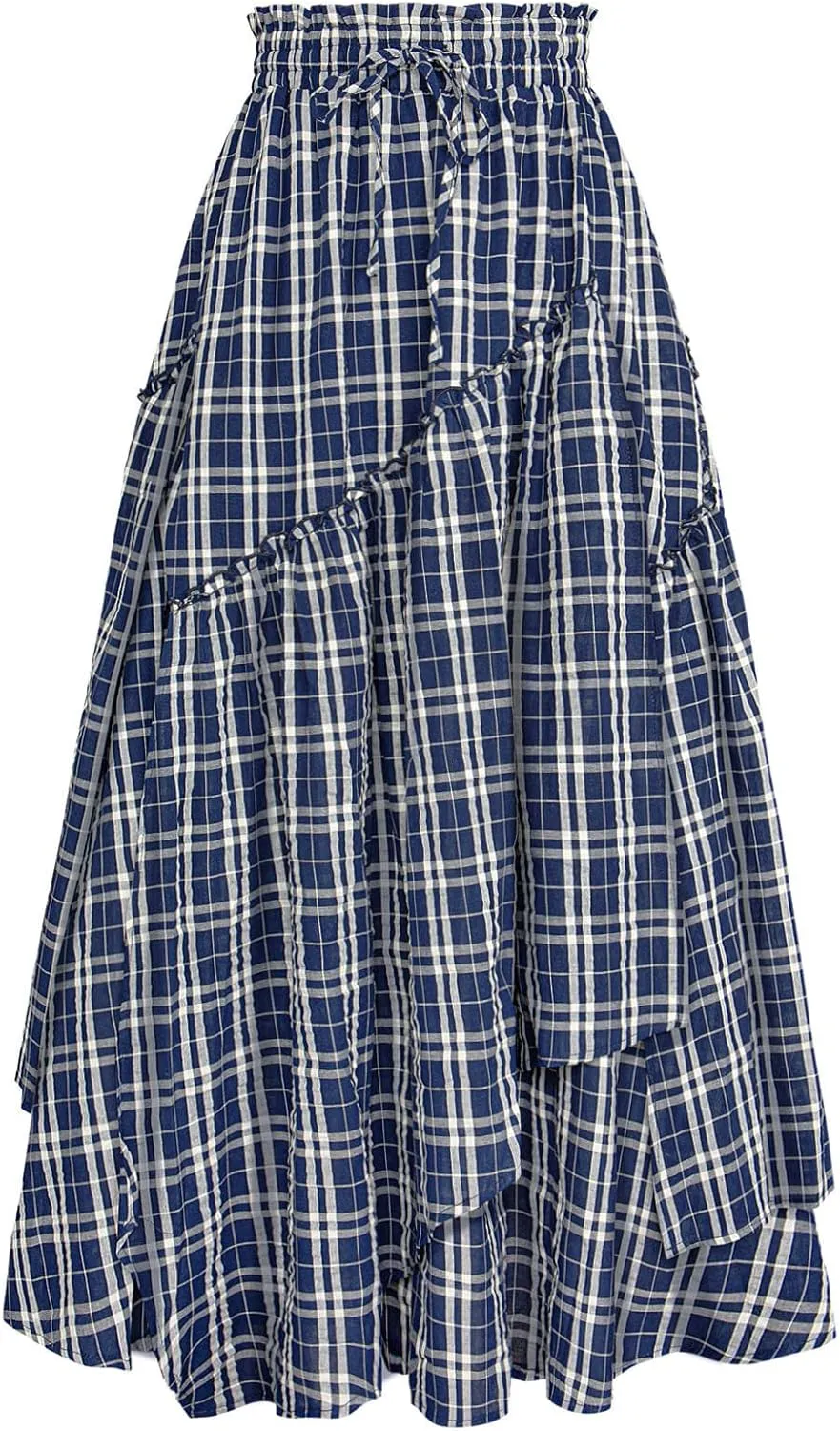 Scarlet Darkness Women Plaid Skirt High Waist A Line Tiered Long Skirt with Pockets
