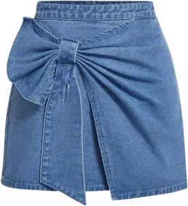 SHENHE Women's Plus Size Denim Bow Skirt High Waisted A Line Wrap Front Mini Jean Skirt