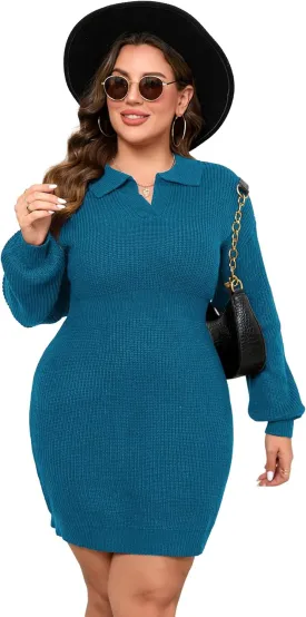 ShopWonder Women Plus Size V-neck Long Sleeve Knit Stretchable Elasticity Slim Sweater Bodycon Midi Pullover Sweater Dress