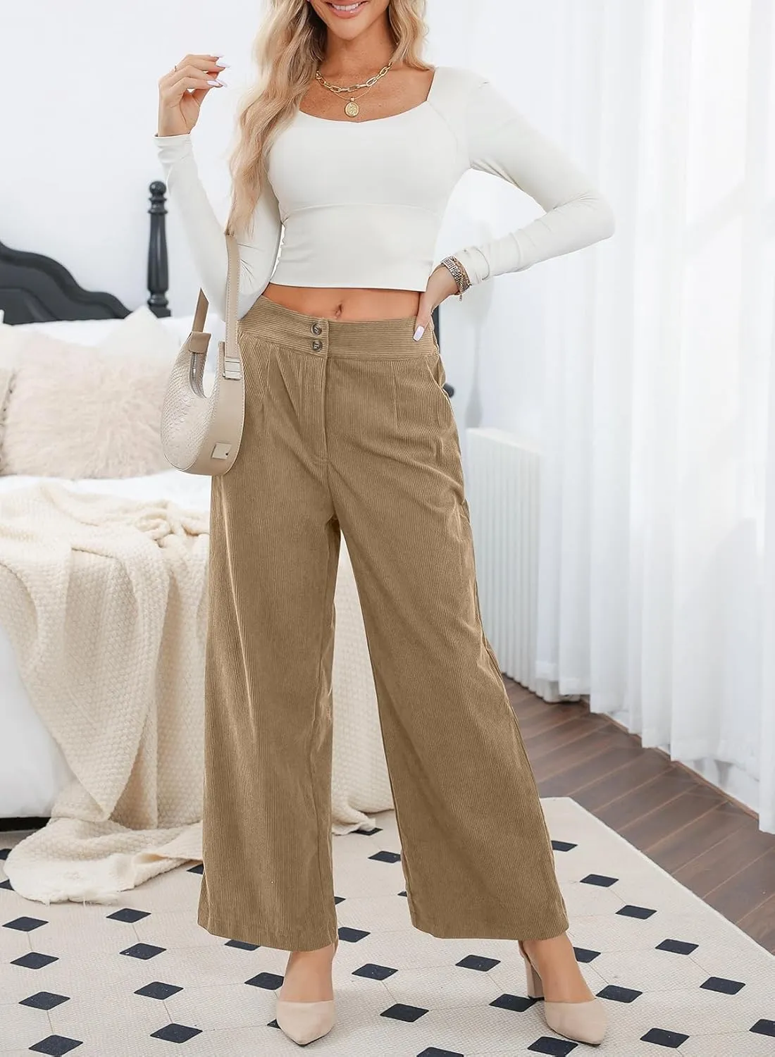 Sidefeel Corduroy Pants for Women 2025 Casual High Waisted Double Buttoned Stretchy Loose Fit Wide Leg Pants with Pockets
