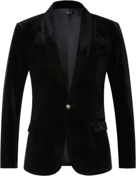 THWEI Mens Velvet Blazer Slim-Fit Solid Color One Button Blazer Sport Coat Jacket for Wedding Dinner Party