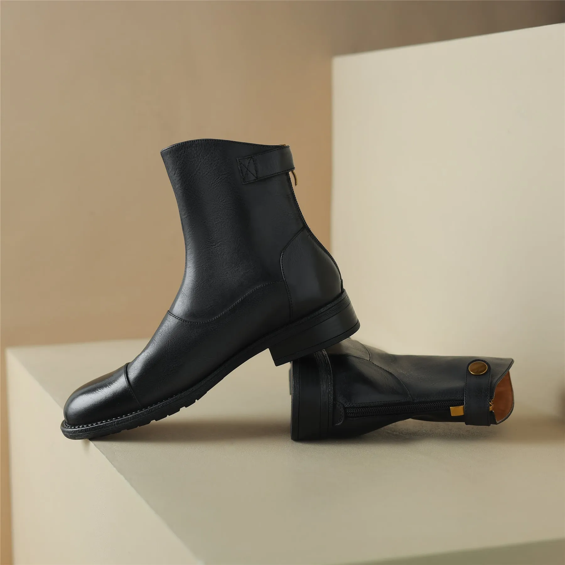 TinaCus Genuine Leather Women's Round Toe Handmade Back Zip Up Ankle Boots