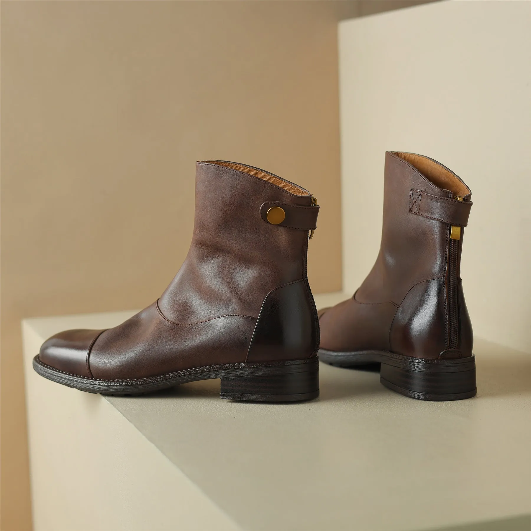 TinaCus Genuine Leather Women's Round Toe Handmade Back Zip Up Ankle Boots