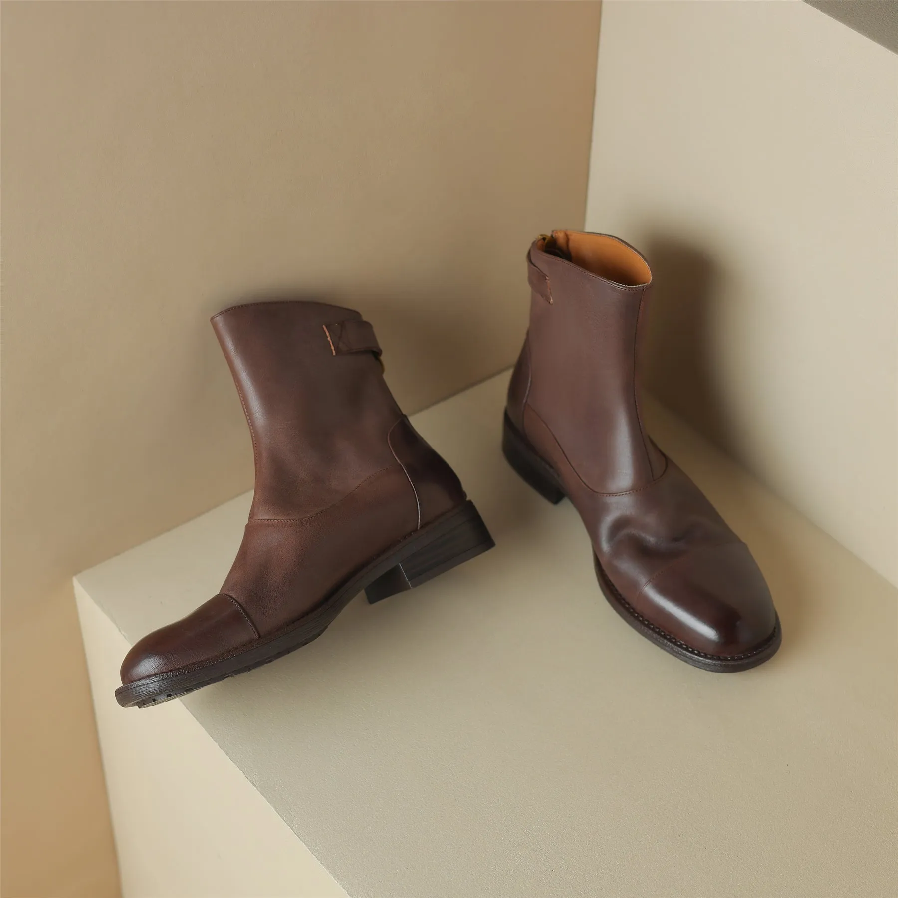 TinaCus Genuine Leather Women's Round Toe Handmade Back Zip Up Ankle Boots