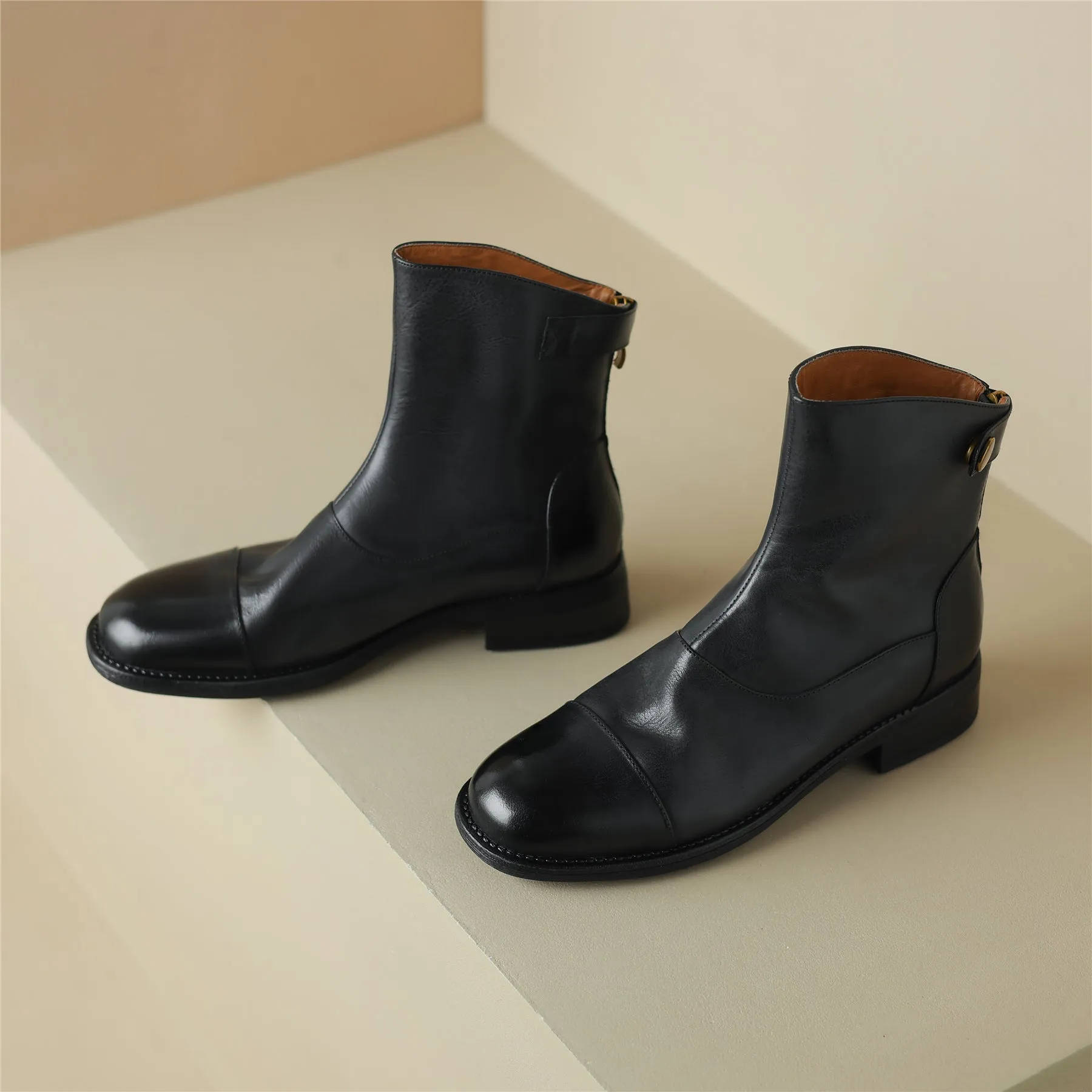 TinaCus Genuine Leather Women's Round Toe Handmade Back Zip Up Ankle Boots