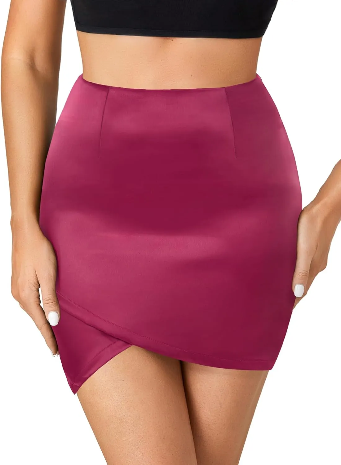 Umenlele Women's Satin Silky High Waist Warp Asymmetrical Tulip Hem Bodycon Pencil Short Mini Skirt