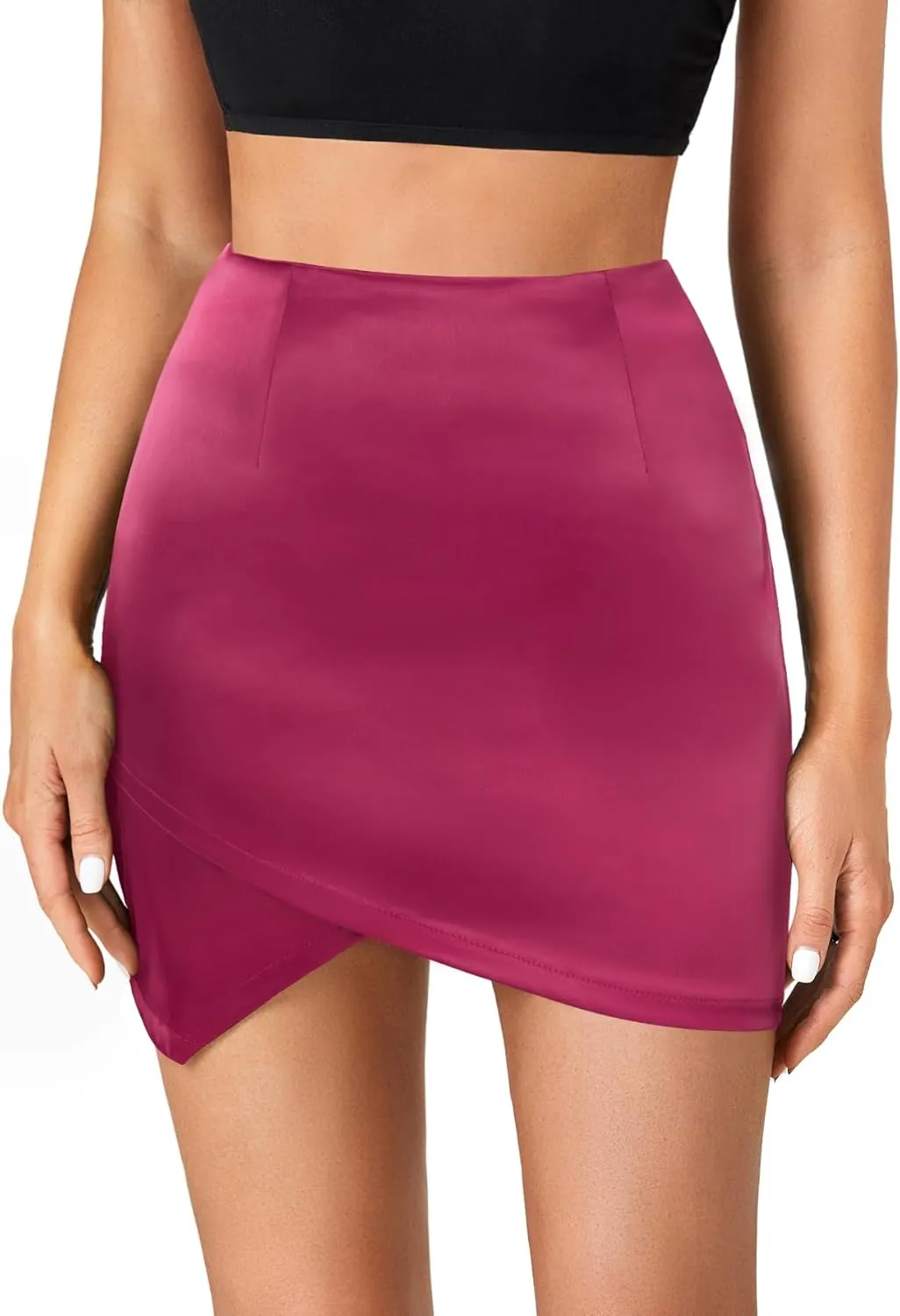 Umenlele Women's Satin Silky High Waist Warp Asymmetrical Tulip Hem Bodycon Pencil Short Mini Skirt