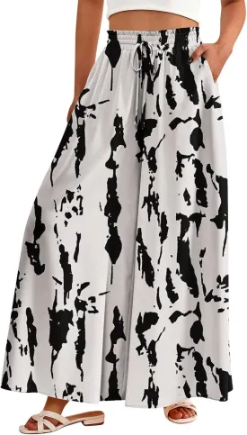 Wide Leg Pants Woman Palazzo Floral Dress Pants Flowy High Waisted Summer 2025 Beach Boho Trousers with Pockets