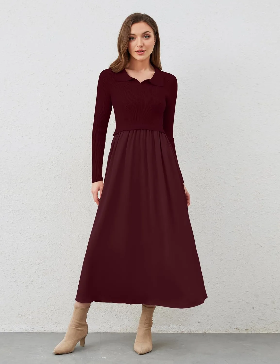 Women Long Sleeve Knit Maxi Dress Polo V Neck Sweater Dress Casual Lapel Patchwork High Waist Long Flowy Fall Dresses