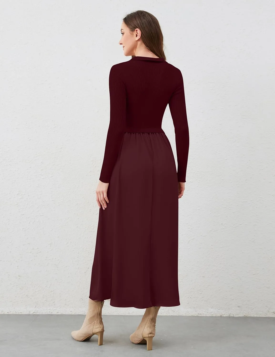 Women Long Sleeve Knit Maxi Dress Polo V Neck Sweater Dress Casual Lapel Patchwork High Waist Long Flowy Fall Dresses