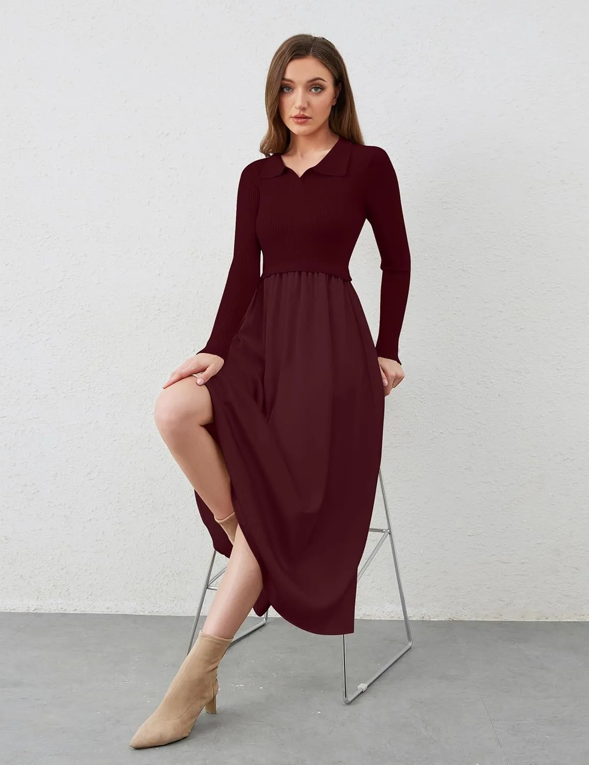 Women Long Sleeve Knit Maxi Dress Polo V Neck Sweater Dress Casual Lapel Patchwork High Waist Long Flowy Fall Dresses