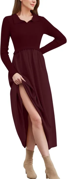 Women Long Sleeve Knit Maxi Dress Polo V Neck Sweater Dress Casual Lapel Patchwork High Waist Long Flowy Fall Dresses