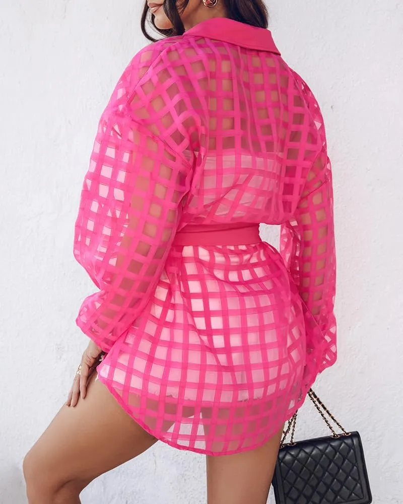 Women Plaid Turn-Down Collar Shirt Dress Casual Sheer Mesh Long Sleeve Belted Mini Dress
