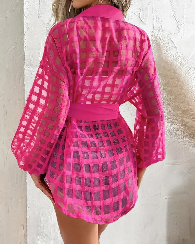 Women Plaid Turn-Down Collar Shirt Dress Casual Sheer Mesh Long Sleeve Belted Mini Dress