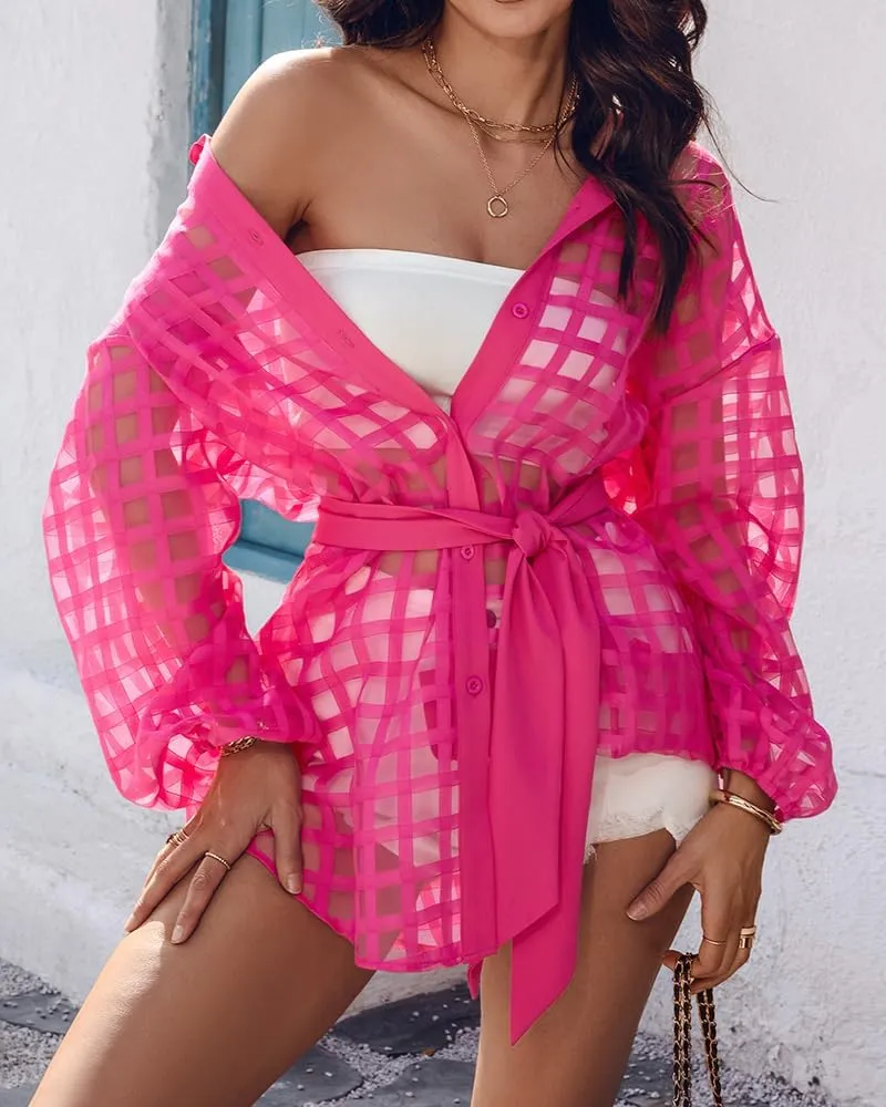 Women Plaid Turn-Down Collar Shirt Dress Casual Sheer Mesh Long Sleeve Belted Mini Dress