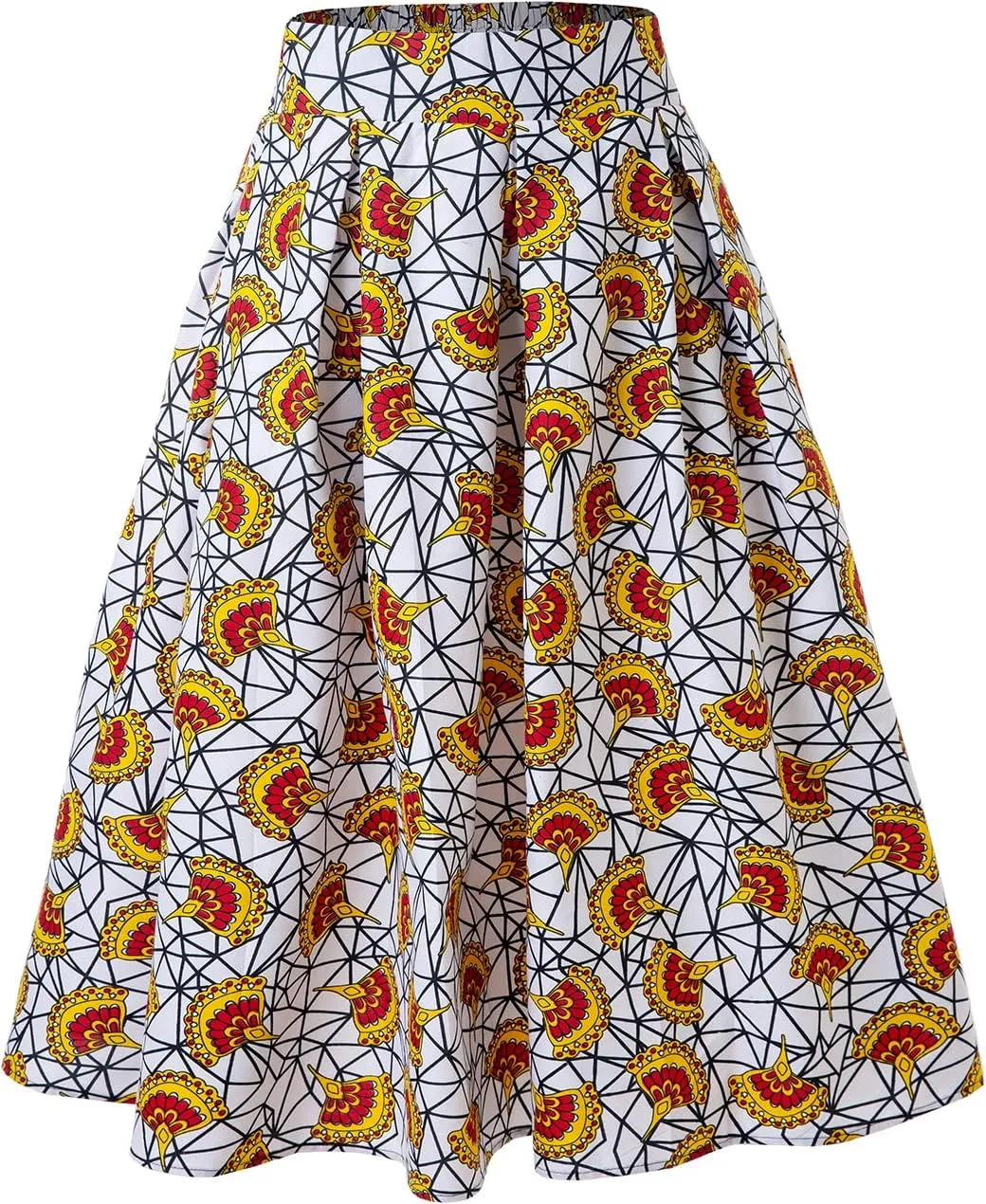 Women's Afriacn High Waist Vintage Skirt Ankara Pleated Midi Skirt with Pockets