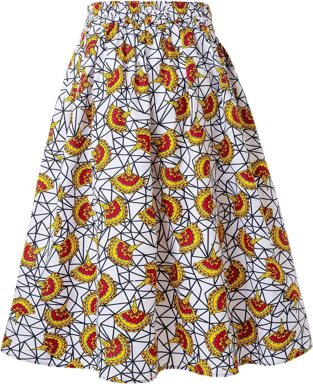 Women's Afriacn High Waist Vintage Skirt Ankara Pleated Midi Skirt with Pockets