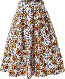 Women's Afriacn High Waist Vintage Skirt Ankara Pleated Midi Skirt with Pockets