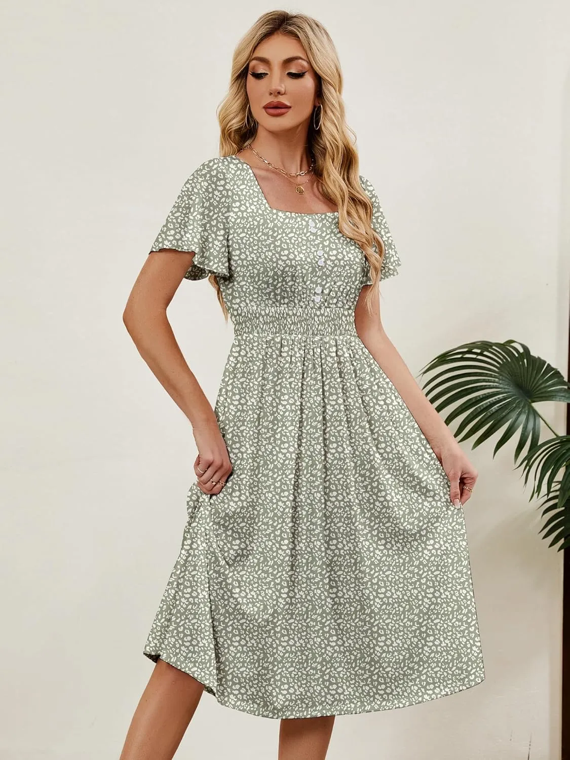 Womens Casual Floral Spring Dresses with Pockets Square Neck Knee Length Milkmaid Summer Sundresses for Women 2025