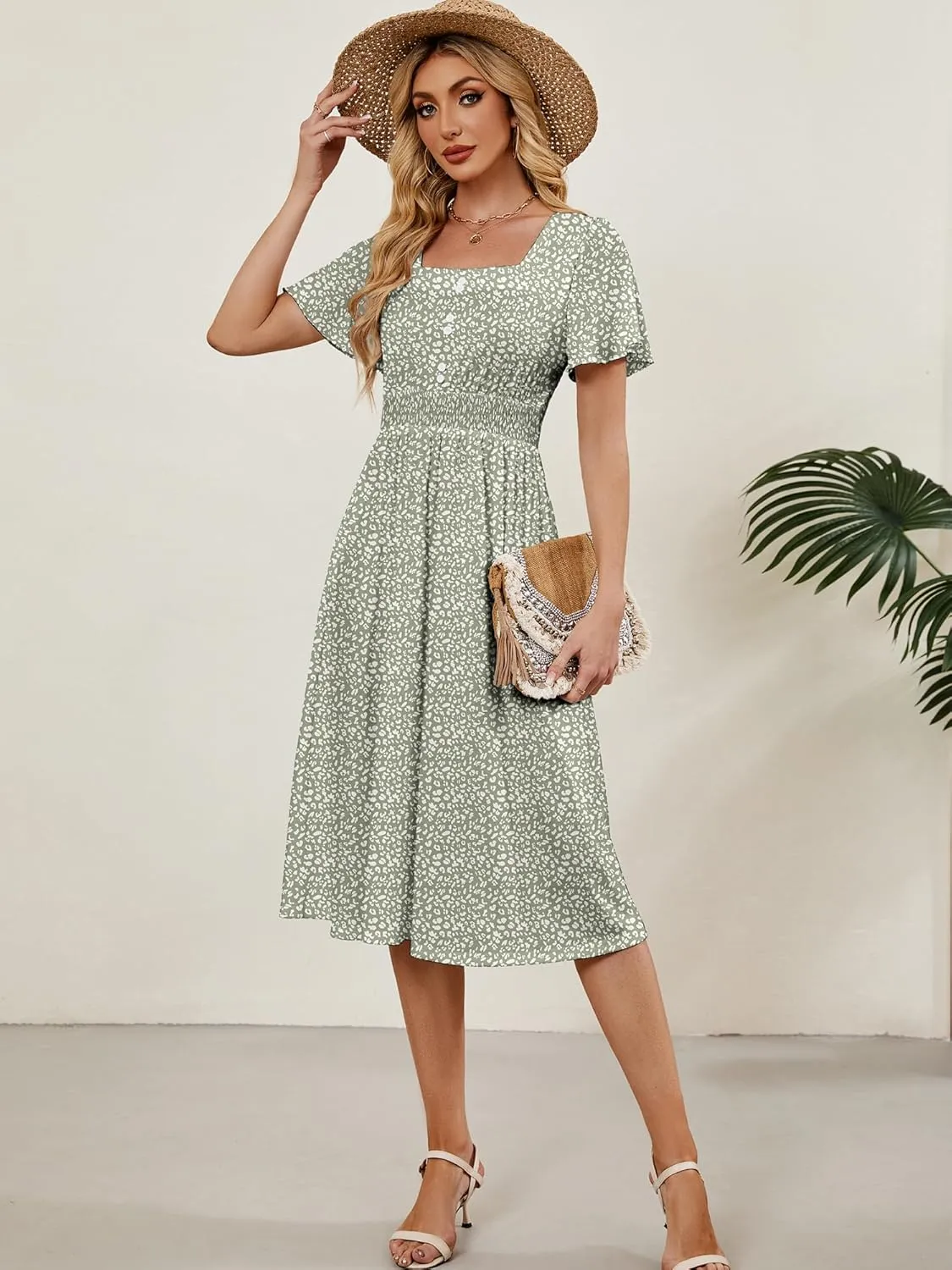 Womens Casual Floral Spring Dresses with Pockets Square Neck Knee Length Milkmaid Summer Sundresses for Women 2025