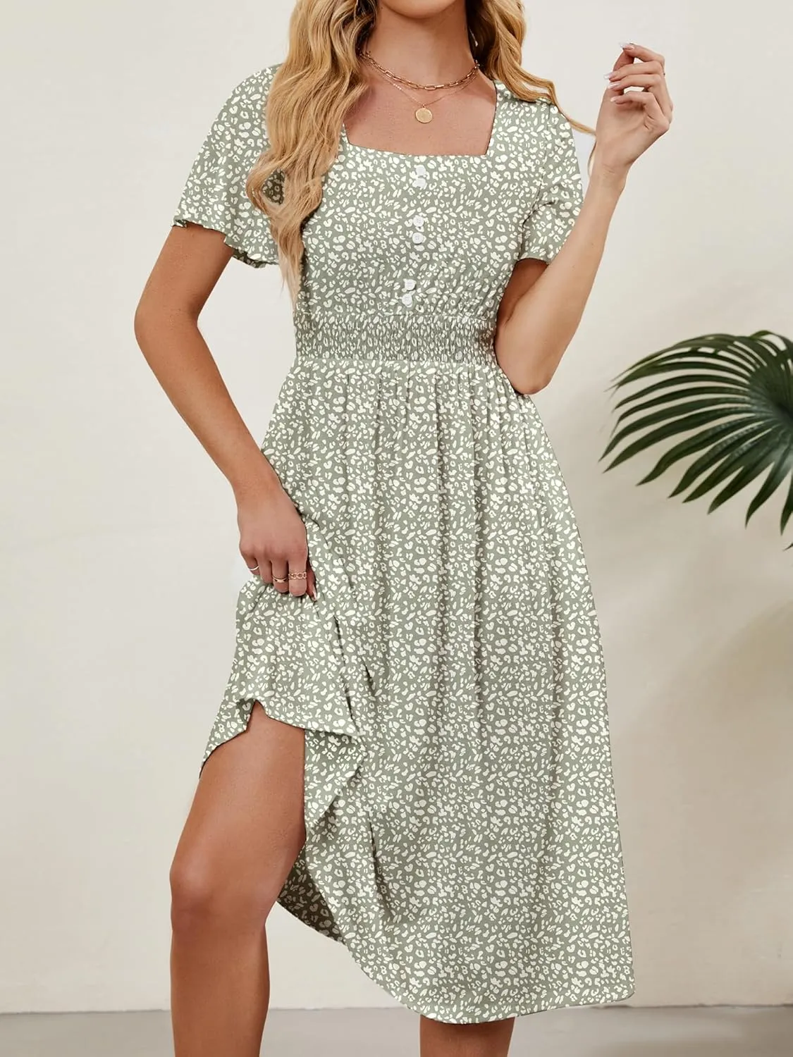 Womens Casual Floral Spring Dresses with Pockets Square Neck Knee Length Milkmaid Summer Sundresses for Women 2025