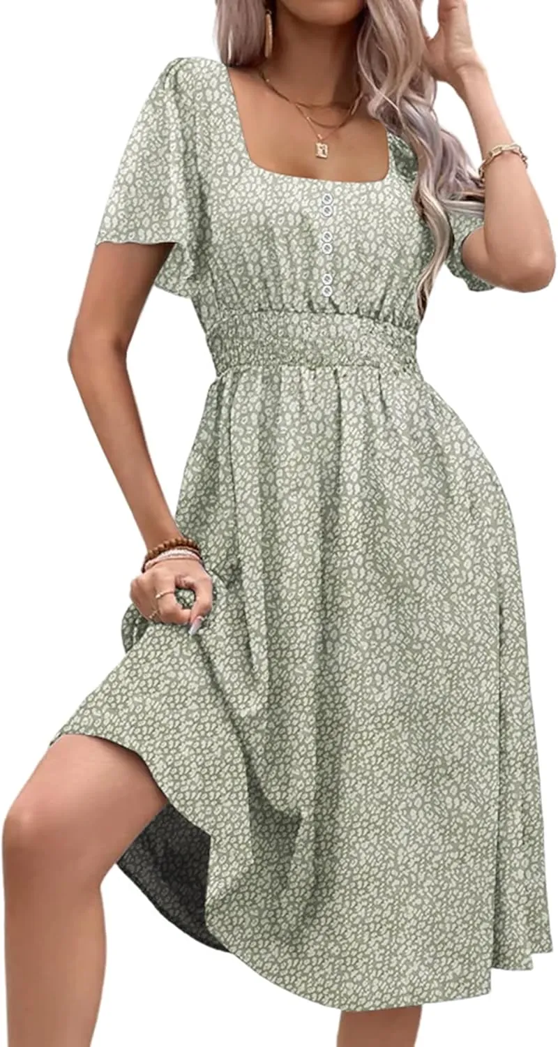 Womens Casual Floral Spring Dresses with Pockets Square Neck Knee Length Milkmaid Summer Sundresses for Women 2025