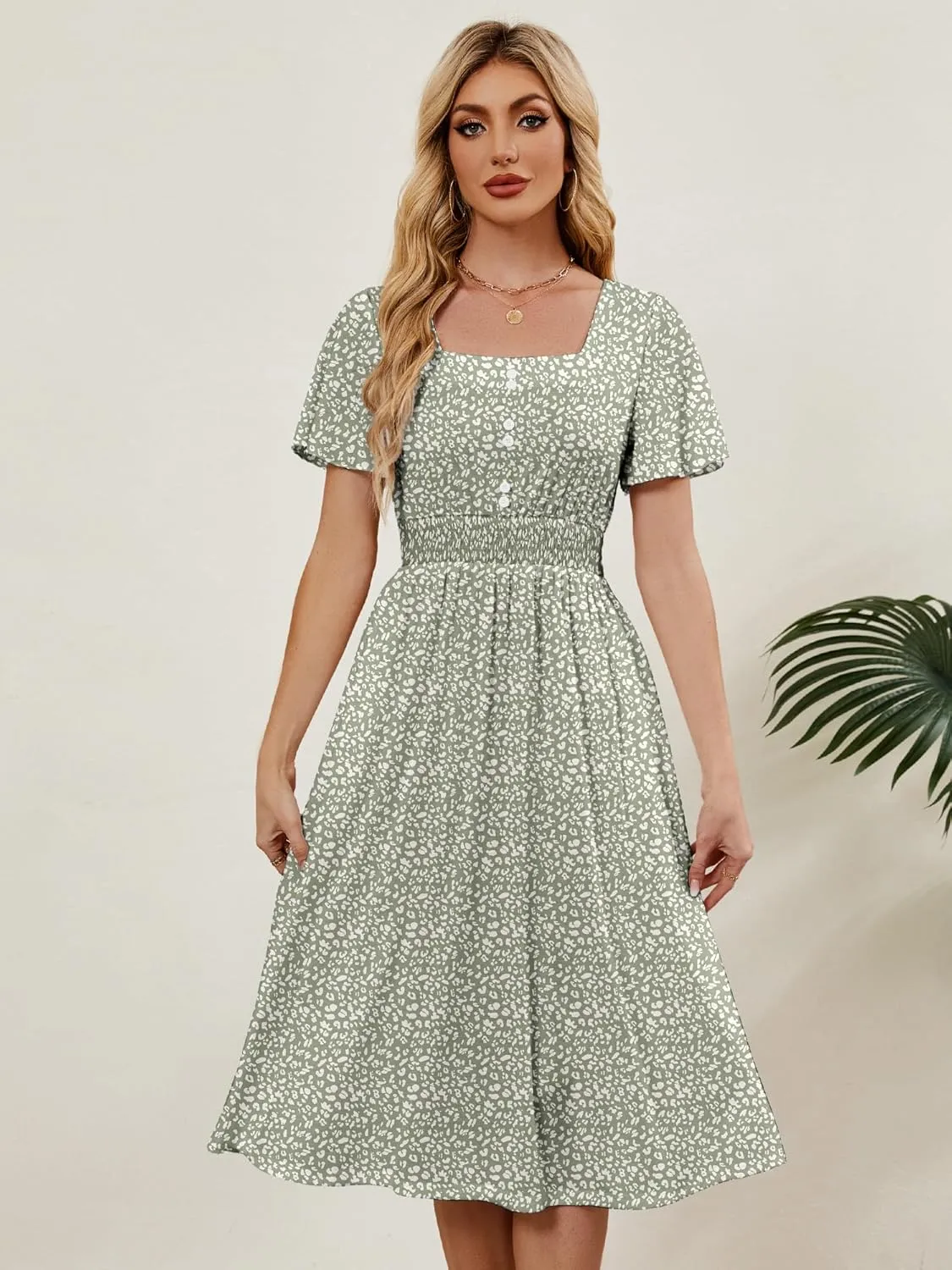 Womens Casual Floral Spring Dresses with Pockets Square Neck Knee Length Milkmaid Summer Sundresses for Women 2025