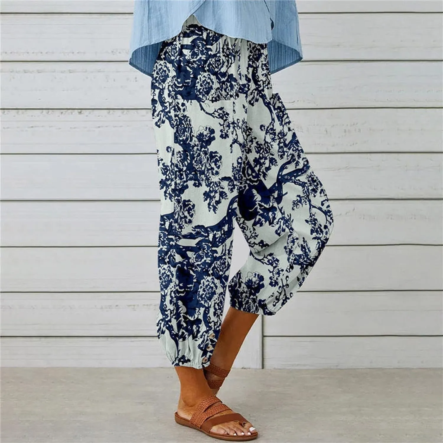 Womens Tapered Pants High Waisted Floral Print Cinch Bottom Casual Pants Pull On Elastic Waist Trousers with Pockets