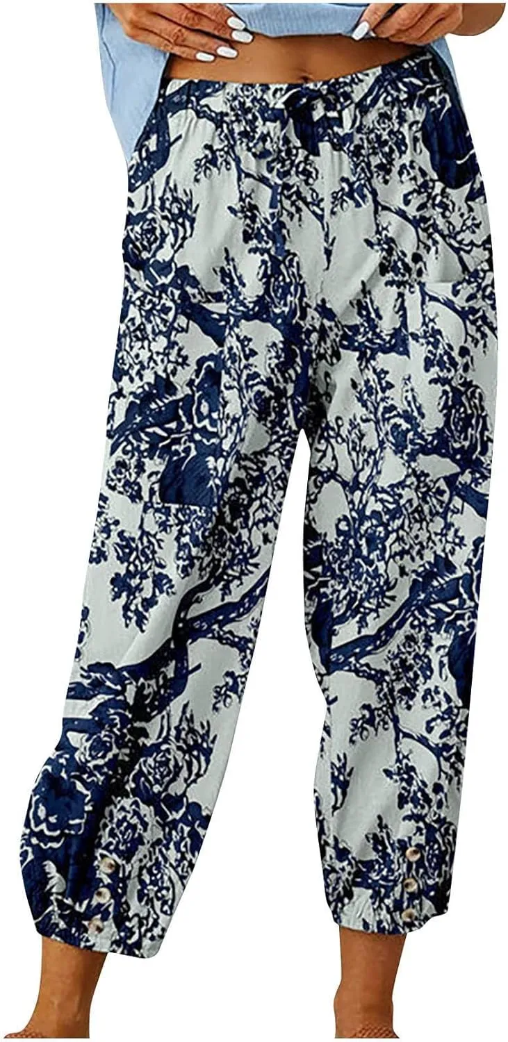 Womens Tapered Pants High Waisted Floral Print Cinch Bottom Casual Pants Pull On Elastic Waist Trousers with Pockets