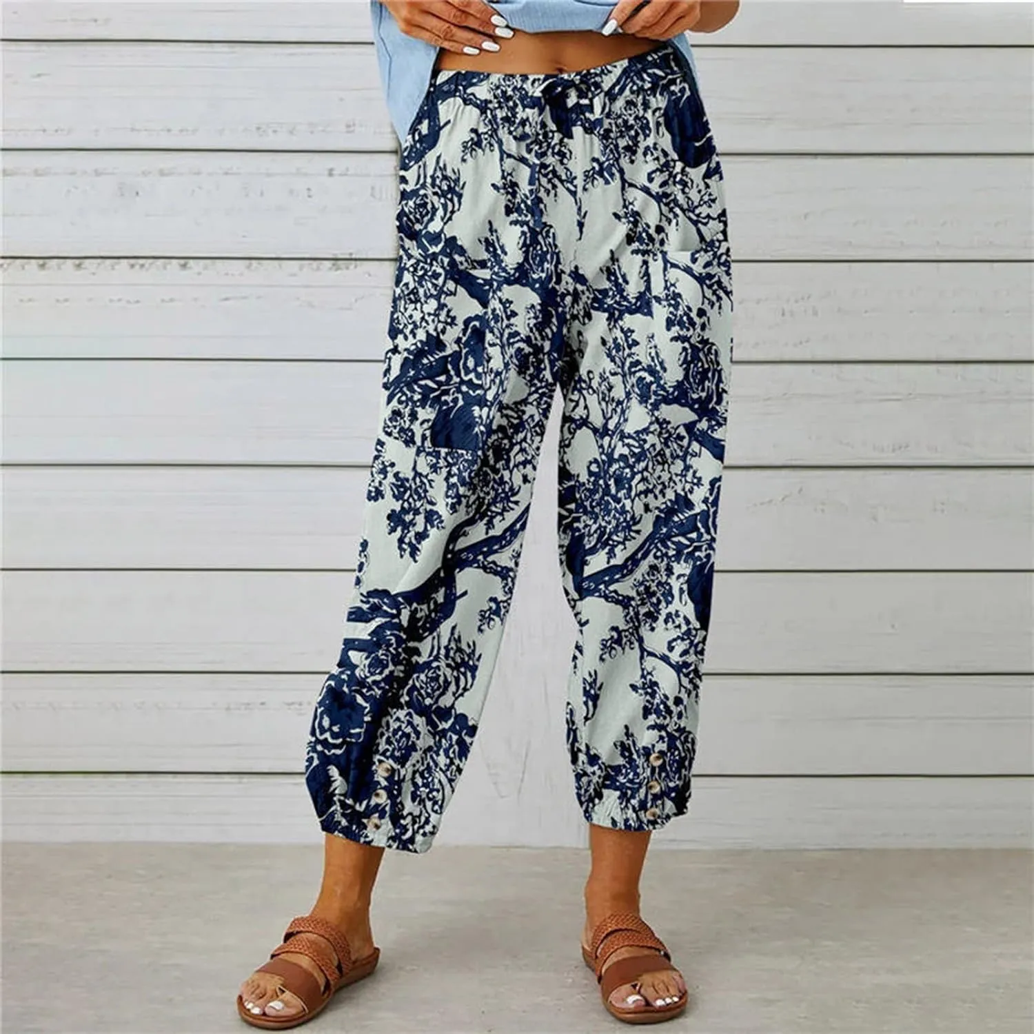 Womens Tapered Pants High Waisted Floral Print Cinch Bottom Casual Pants Pull On Elastic Waist Trousers with Pockets