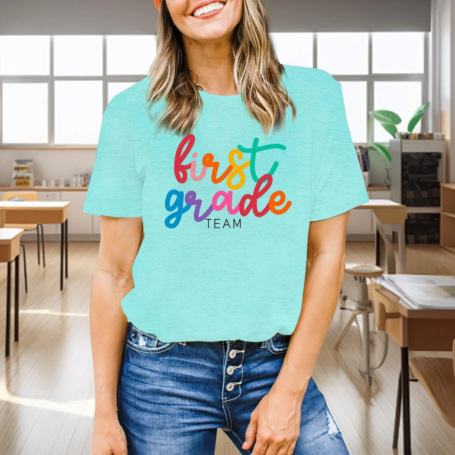 Womens Teacher Life Shirts First Grade Teacher Team T-Shirt 1st Grade Teacher Rainbow Tee Top