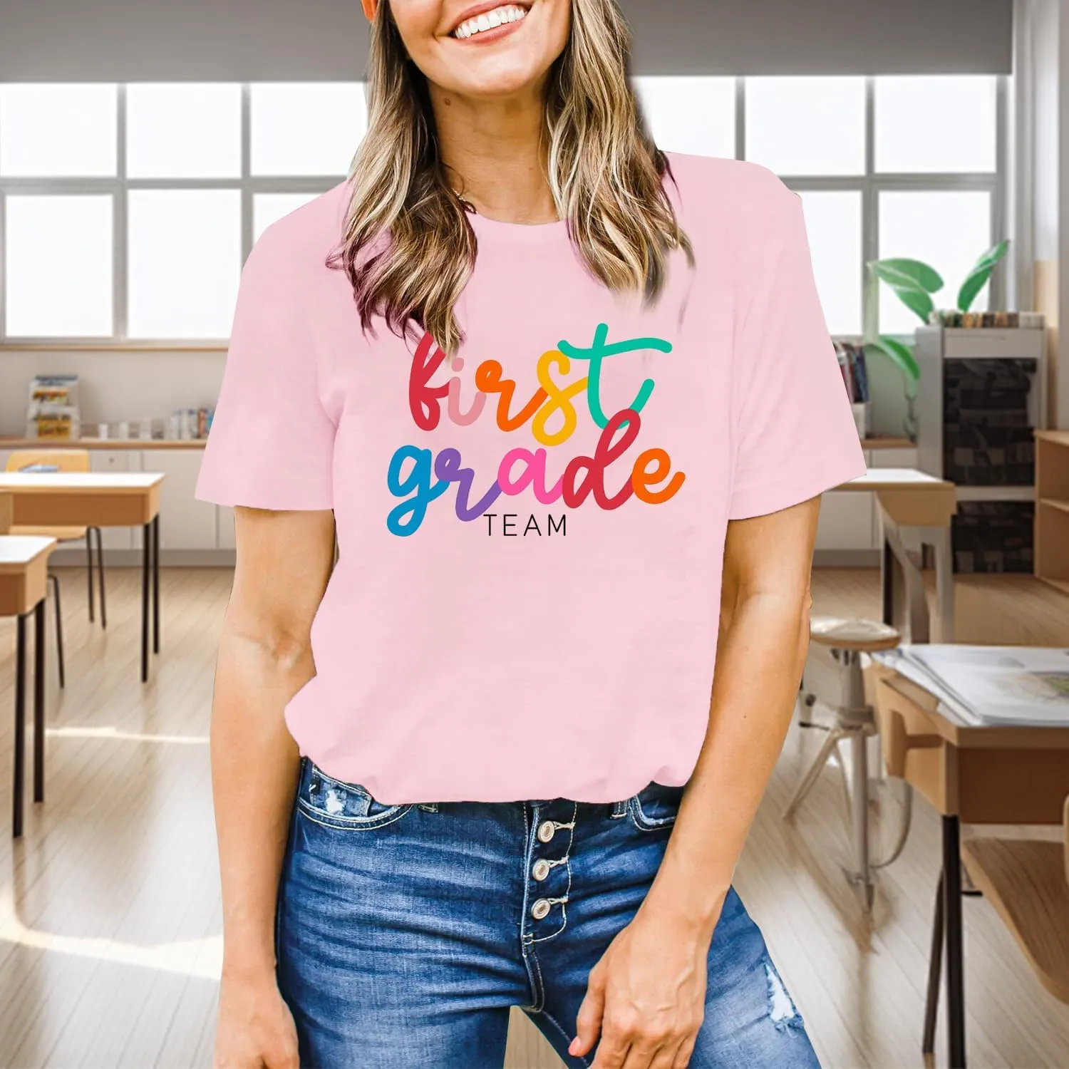 Womens Teacher Life Shirts First Grade Teacher Team T-Shirt 1st Grade Teacher Rainbow Tee Top