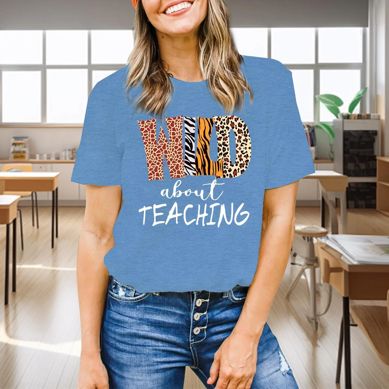 Womens Teacher Shirts Wild About Teaching Leopard Print T-Shirt Teacher Life Tee Top
