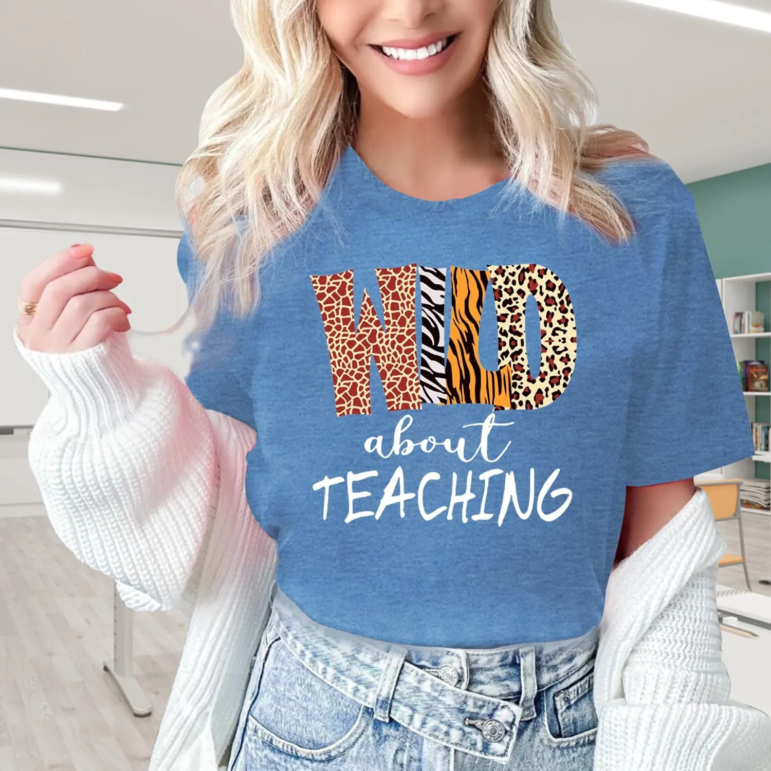 Womens Teacher Shirts Wild About Teaching Leopard Print T-Shirt Teacher Life Tee Top