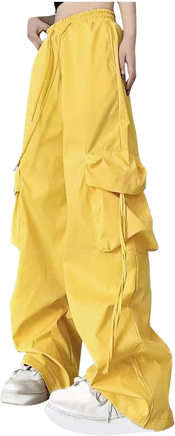 Women's Wide Leg Cargo Pants Y2k Baggy Parachute Pants Drawstring High Elastic Trousers with Pockets(Plus Size)