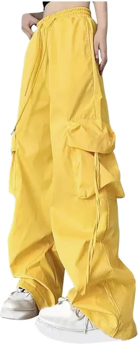 Women's Wide Leg Cargo Pants Y2k Baggy Parachute Pants Drawstring High Elastic Trousers with Pockets(Plus Size)