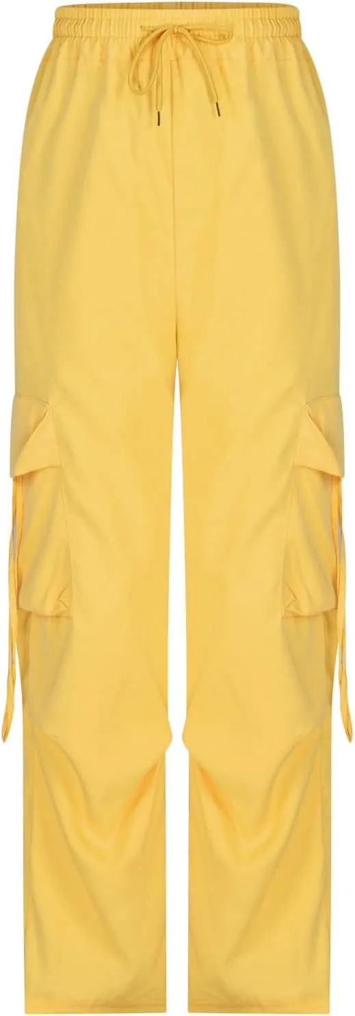 Women's Wide Leg Cargo Pants Y2k Baggy Parachute Pants Drawstring High Elastic Trousers with Pockets(Plus Size)