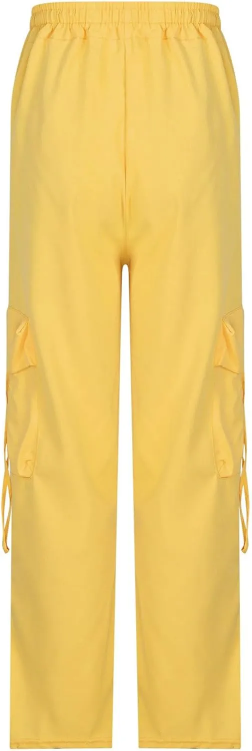 Women's Wide Leg Cargo Pants Y2k Baggy Parachute Pants Drawstring High Elastic Trousers with Pockets(Plus Size)
