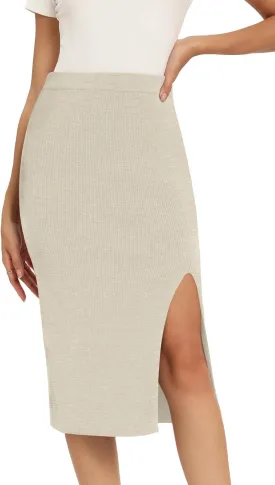 Yincro Women High Waist Slit Hem Rib Knit Bodycon Midi Skirts