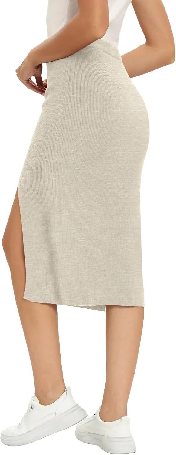 Yincro Women High Waist Slit Hem Rib Knit Bodycon Midi Skirts
