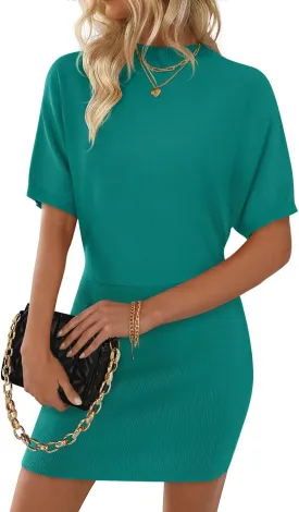 ZESICA Women's 2025 Summer Casual Mock Neck Bodycon Mini Dress Cap Sleeve Slim Fit Ribbed Knit Short Sweater Dresses